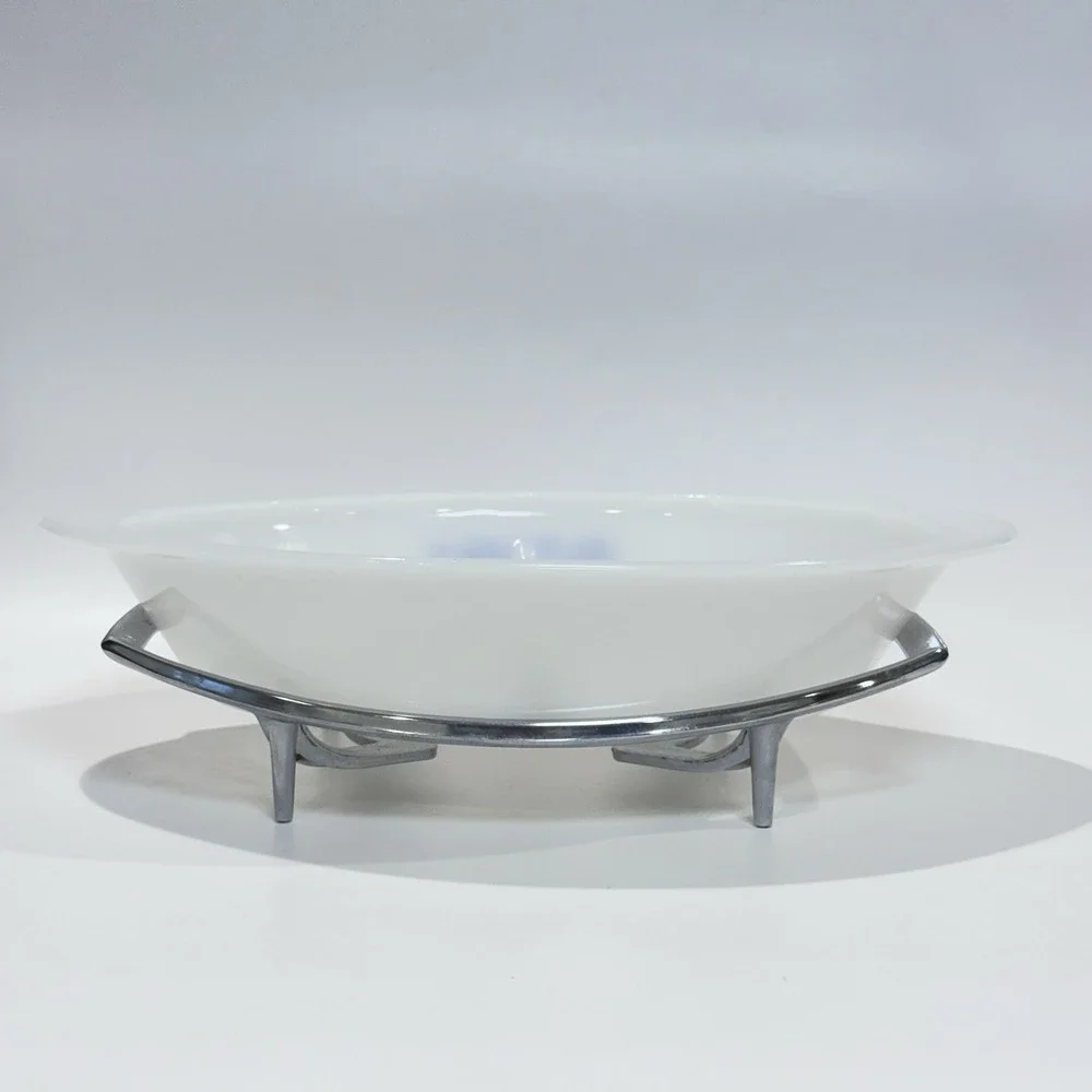 Vintage Glasbake Milk Glass Dish‎ w Blue Flower & Corning Ware Silver Stand